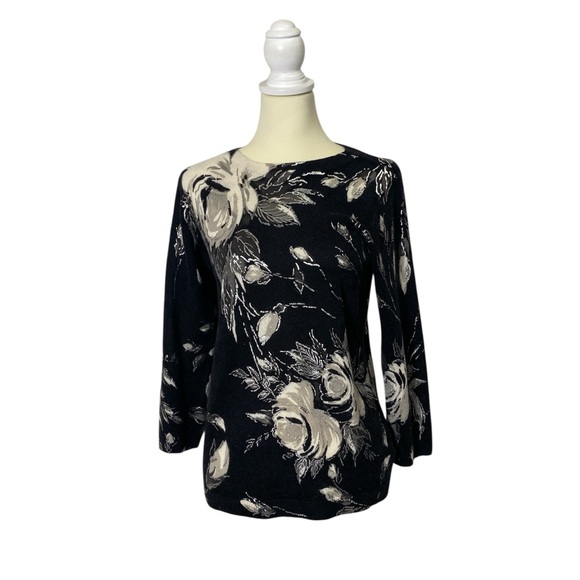 Neiman Marcus Classiz 100% Cashmere Black Floral Sweater women's Size Medium - Picture 1 of 10